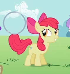 Size: 750x788 | Tagged: safe, imported from derpibooru, screencap, apple bloom, earth pony, pony, the cutie pox, bow, cropped, excited, female, filly, hair bow, loop-de-hoop, prehensile tail, smiling, solo focus