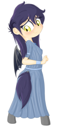 Size: 1300x2789 | Tagged: safe, artist:vito, deleted from derpibooru, imported from derpibooru, oc, oc only, oc:nettle, bat pony, satyr, blushing, clothes, dress, female, looking at you, looking back, looking back at you, mare, simple background, smiling, solo, transparent background