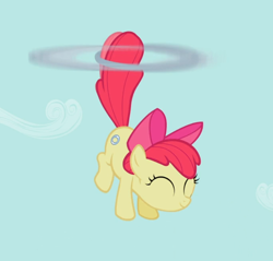 Size: 890x851 | Tagged: safe, imported from derpibooru, screencap, apple bloom, earth pony, pony, the cutie pox, bow, cropped, excited, eyes closed, female, filly, flying, hair bow, happy, loop-de-hoop, smiling, solo, spinning