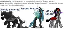 Size: 2880x1312 | Tagged: safe, imported from derpibooru, king sombra, pony of shadows, queen chrysalis, changeling, changeling queen, pony, unicorn, friendship is magic, antagonist, curved horn, female, foreshadowing, horn, implied nightmare moon, implied pinkie pie, looking at you, male, simple background, stallion, text, white background