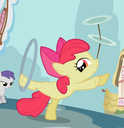 Size: 811x830 | Tagged: safe, imported from derpibooru, screencap, apple bloom, tornado bolt, earth pony, pony, the cutie pox, cropped, female, filly, loop-de-hoop, plate spinning, raised leg, smiling, solo focus, standing, standing on one leg