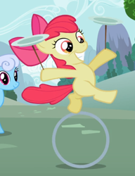 Size: 652x850 | Tagged: safe, imported from derpibooru, screencap, apple bloom, linky, shoeshine, earth pony, pony, the cutie pox, adorabloom, bipedal, cropped, cute, female, filly, plate spinning, raised leg, smiling, solo focus, teeth