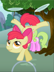 Size: 705x940 | Tagged: safe, imported from derpibooru, screencap, apple bloom, daisy, flower wishes, earth pony, pony, the cutie pox, bow, cropped, female, filly, hair bow, loop-de-hoop, mare, plate spinning, smiling, solo focus, underhoof, upside down