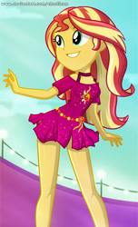 Size: 430x706 | Tagged: safe, artist:charliexe, imported from derpibooru, sunset shimmer, equestria girls, equestria girls series, i'm on a yacht, spring breakdown, spoiler:eqg series (season 2), clothes, cute, dress, female, geode of empathy, legs, magical geodes, miniskirt, schrödinger's pantsu, shimmerbetes, skirt, smiling, solo