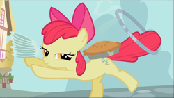 Size: 1667x940 | Tagged: safe, imported from derpibooru, screencap, apple bloom, earth pony, pony, the cutie pox, female, filly, foal, food, loop-de-hoop, narrowed eyes, pie, plate, plates, proud, smiling, solo