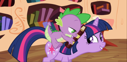 Size: 1666x816 | Tagged: safe, imported from derpibooru, screencap, spike, twilight sparkle, dragon, pony, unicorn, the cutie pox, book, cropped, cute, dragons riding ponies, duo, female, golden oaks library, lidded eyes, male, mare, out of context, riding, smiling, spike riding twilight, twiabetes, unicorn twilight