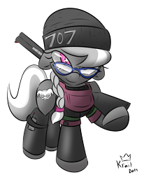 Size: 1300x1576 | Tagged: safe, artist:kingkrail, imported from derpibooru, silver spoon, pony, armor, beanie, clothes, cosplay, costume, dokkaebi, female, glasses, gun, hat, pose, rainbow six, rainbow six siege, solo, weapon