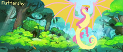 Size: 1247x529 | Tagged: safe, artist:asiandra dash, artist:rainbow dash is best pony, imported from derpibooru, fluttershy, dragon, dragonified, flutterdragon, forest, glory the dragon, rainforest, rainwing, species swap, wings of fire (book series)