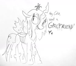 Size: 1583x1381 | Tagged: safe, artist:tjpones, imported from derpibooru, queen chrysalis, changeling, changeling queen, bronybait, dialogue, female, flirting, grayscale, heart, lineart, looking at you, monochrome, simple background, solo, subtle as a train wreck, talking to viewer, traditional art