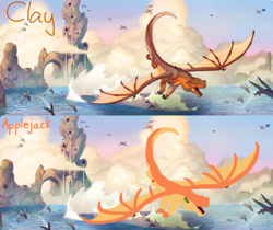 Size: 1246x1049 | Tagged: safe, imported from derpibooru, applejack, dragon, clay, comparison, dragonified, dragonjack, flying fish, mudwing, ocean, species swap, waterfall, wings of fire (book series)