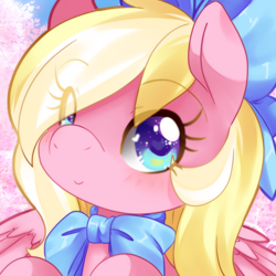 Size: 1000x1000 | Tagged: safe, artist:loyaldis, imported from derpibooru, oc, oc only, oc:bay breeze, pegasus, pony, blushing, bow, cute, eye clipping through hair, female, hair bow, hair over one eye, heart eyes, looking at you, mare, neck bow, ocbetes, simple background, solo, wingding eyes, ych result