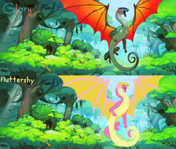 Size: 1232x1043 | Tagged: safe, imported from derpibooru, fluttershy, dragon, comparison, dragoness, dragonified, female, flutterdragon, forest, rainforest, rainwing, species swap, spread wings, wings, wings of fire (book series)