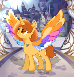 Size: 1590x1664 | Tagged: safe, artist:doraeartdreams-aspy, imported from derpibooru, oc, oc only, oc:aspen, alicorn, pony, rainbow roadtrip, alicorn oc, base used, colored wings, female, mare, movie accurate, multicolored wings, rainbow, rainbow wings, solo, spread wings, wing bling, wings