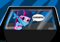 Size: 1170x825 | Tagged: safe, artist:gaggeddude32, imported from derpibooru, twilight sparkle, alicorn, equestria girls, car, cloth gag, damsel in distress, female, gag, kidnapped, scared, twilight sparkle (alicorn), why