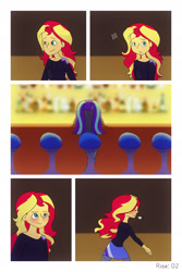 Size: 1280x1920 | Tagged: safe, artist:little-tweenframes, deleted from derpibooru, imported from derpibooru, aria blaze, sunset shimmer, comic:aria's archives, comic:rise, series:sciset diary, equestria girls, bar, clothes, comic, hoodie