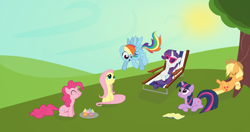 Size: 4096x2160 | Tagged: safe, artist:mazli, imported from derpibooru, applejack, fluttershy, pinkie pie, rainbow dash, rarity, twilight sparkle, pony, book, cupcake, food, mane six, vector