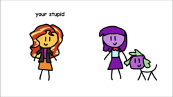 Size: 1334x750 | Tagged: safe, artist:round trip, imported from derpibooru, spike, sunset shimmer, twilight sparkle, dog, equestria girls, insult, misspelling of you're, round trip's mlp equestria girls in a nutshell, spike the dog, your stupid