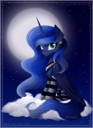 Size: 2665x3656 | Tagged: safe, artist:victoria-luna, imported from derpibooru, princess luna, alicorn, pony, 2018, clothes, cloud, female, full moon, hearth's warming eve, looking at you, mare, moon, night, sitting, smiling, socks, solo, stars, striped socks