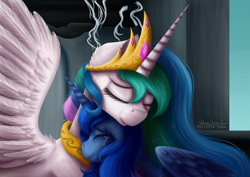 Size: 4960x3507 | Tagged: safe, artist:victoria-luna, imported from derpibooru, princess celestia, princess luna, alicorn, pony, friendship is magic, castle of the royal pony sisters, crying, cute, cutelestia, ear fluff, ethereal mane, eyes closed, female, floppy ears, jewelry, long horn, lunabetes, mare, neck hug, nuzzling, peytral, redraw, royal sisters, s1 luna, scene interpretation, smiling, sparkles, spread wings, starry mane, tears of joy, tiara, wing fluff, wings, young luna