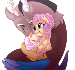 Size: 2700x2500 | Tagged: safe, artist:gigason, imported from derpibooru, discord, fluttershy, oc, draconequus, hybrid, pegasus, pony, baby, crying, discoshy, female, interspecies offspring, male, mare, offspring, parent:discord, parent:fluttershy, parents:discoshy, shipping, smiling, straight, tears of joy