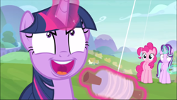 Size: 1367x770 | Tagged: safe, imported from derpibooru, screencap, pinkie pie, starlight glimmer, twilight sparkle, alicorn, earth pony, pony, unicorn, starlight the hypnotist, spoiler:interseason shorts, cropped, evil grin, faic, female, glowing horn, grin, hypnosis, hypnotized, kite, kite flying, levitation, magic, mare, open mouth, shrunken pupils, smiling, telekinesis, twilight snapple, twilight sparkle (alicorn), wide eyes