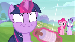 Size: 1367x770 | Tagged: safe, imported from derpibooru, screencap, pinkie pie, starlight glimmer, twilight sparkle, alicorn, earth pony, pony, unicorn, starlight the hypnotist, spoiler:interseason shorts, cropped, evil grin, faic, female, glowing horn, grin, hypnosis, hypnotized, kite, kite flying, levitation, magic, mare, shrunken pupils, smiling, telekinesis, twilight snapple, twilight sparkle (alicorn), wide eyes