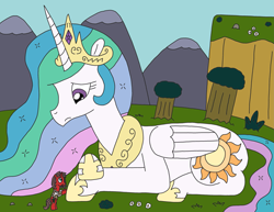 Size: 3293x2538 | Tagged: safe, artist:supahdonarudo, imported from derpibooru, princess celestia, oc, oc:ironyoshi, pony, comforting, flower, giant pony, giantlestia, looking down, macro, mountain, mountain range, prone, sad, tree