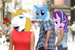 Size: 2500x1667 | Tagged: safe, imported from derpibooru, prince blueblood, starlight glimmer, trixie, pony, bluetrix, distracted boyfriend meme, faic, female, lesbian, male, meme, shipping, smirk, startrix, straight, trixface, twiface