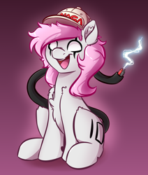 Size: 3300x3900 | Tagged: safe, artist:witchtaunter, imported from derpibooru, oc, oc only, oc:rokii, earth pony, pony, cap, commission, electricity, happy, hat, open mouth, sitting, wires