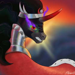 Size: 2500x2500 | Tagged: safe, artist:arareroll, imported from derpibooru, king sombra, pony, unicorn, looking at you, looking back, looking back at you, male, profile, solo, teeth