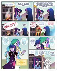 Size: 838x1046 | Tagged: safe, artist:crydius, imported from derpibooru, princess celestia, sci-twi, sunset shimmer, twilight sparkle, alicorn, comic:meet the princesses, equestria girls, equestria girls series, affection, blushing, bow, bowtie, building, canterlot high, clothes, comic, cutie mark, cutie mark clothes, cutie mark on clothes, day, dialogue, dress, elements of harmony, emblem, error, error message, ethereal hair, exclamation point, fail, fear, female, freakout, glasses, grass, grass field, hairpin, happy, holding, jacket, jewelry, leather, leather jacket, leather vest, lesbian, lights, mental blue screen of death, mountain, necklace, necktie, nervous, open mouth, outdoors, panic, plot twist, ponytail, portal, princess of friendship, princess of the sun, principal twilight, question mark, ribbon, royalty, school of friendship, scitwishimmer, self paradox, self ponidox, shield, shipping, shirt, shocked, skirt, sky, smiling, speech bubble, student, sunsetsparkle, sweat, sweating profusely, symbol, t-shirt, talking, teacher, teacher and student, teeth, text, tree, trollestia, trollestia in training, twilestia, twilight sparkle (alicorn), twolight, wall of tags, what a twist, window, x.exe stopped working, yelling