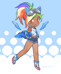 Size: 600x722 | Tagged: safe, artist:harufumico, imported from derpibooru, kotobukiya, rainbow dash, human, belly button, clothes, female, goggles, humanized, kotobukiya rainbow dash, looking at you, midriff, shoes, shorts, smiling, solo, tanktop