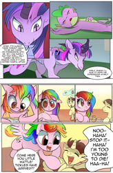 Size: 1800x2740 | Tagged: safe, artist:candyclumsy, imported from derpibooru, spike, twilight sparkle, oc, oc:candy clumsy, oc:tommy the human, alicorn, candy pony, dragon, pegasus, pony, comic:twilight's kronenberg, carrying, comic, commissioner:bigonionbean, dialogue, dragoness, dragonified, female, good end, mouth hold, passed out, pencil, pony to dragon, species swap, tickling, transformation, twilidragon, twilight sparkle (alicorn), underreaction, writer:bigonionbean