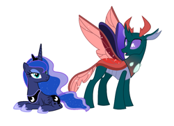 Size: 1185x865 | Tagged: safe, edit, editor:proto29, imported from derpibooru, pharynx, princess luna, alicorn, changedling, changeling, pony, crack shipping, ethereal mane, female, hoof shoes, insect wings, looking at each other, lunarynx, male, prince pharynx, shipping, stallion, starry mane, straight