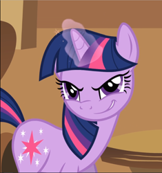 Size: 884x940 | Tagged: safe, imported from derpibooru, screencap, twilight sparkle, pony, unicorn, a bird in the hoof, cropped, evil grin, female, glowing horn, grin, magic, narrowed eyes, smiling, solo, unicorn twilight