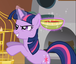 Size: 1000x834 | Tagged: safe, imported from derpibooru, screencap, twilight sparkle, pony, unicorn, a bird in the hoof, season 1, birdcage, cropped, evil grin, female, food, glowing horn, grin, levitation, magic, narrowed eyes, smiling, solo, soup, telekinesis, unicorn twilight