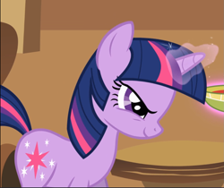 Size: 1115x938 | Tagged: safe, imported from derpibooru, screencap, twilight sparkle, pony, unicorn, a bird in the hoof, cropped, evil grin, female, glowing horn, grin, smiling, solo, unicorn twilight