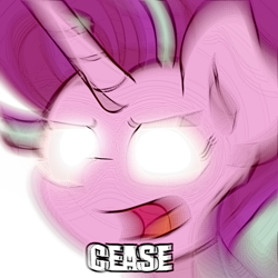 Size: 1280x1281 | Tagged: safe, artist:ljdamz1119, imported from derpibooru, starlight glimmer, pony, unicorn, angry, blurry, bust, caption, deep fried meme, female, frown, glare, glowing eyes, glowing eyes meme, mare, meme, open mouth, reaction image, simple background, text, transparent background, wat, yelling