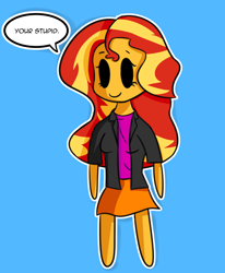 Size: 1272x1542 | Tagged: safe, artist:artiks, imported from derpibooru, sunset shimmer, equestria girls, beady eyes, black sclera, blank eyes, blue background, c:, chibi, clothes, cute, dialogue, dot eyes, empty eyes, female, grammar error, jacket, leather, leather jacket, needs more saturation, no iris, no pupils, round trip's mlp equestria girls in a nutshell, simple background, skirt, smiling, solo, speech bubble, stupid, text, wat