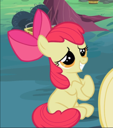 Size: 676x761 | Tagged: safe, imported from derpibooru, screencap, apple bloom, earth pony, pony, family appreciation day, cropped, female, filly, hooves together, hopeful, offscreen character, sitting, smiling, solo, solo focus