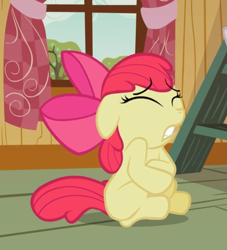 Size: 713x785 | Tagged: safe, imported from derpibooru, screencap, apple bloom, earth pony, pony, family appreciation day, bow, cropped, eyes closed, female, filly, floppy ears, hair bow, sick, sitting, solo