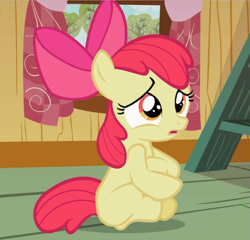 Size: 979x938 | Tagged: safe, imported from derpibooru, screencap, apple bloom, earth pony, pony, family appreciation day, bow, cropped, female, fetal position, filly, hair bow, open mouth, sitting, solo, worried