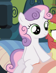 Size: 681x893 | Tagged: safe, imported from derpibooru, screencap, apple bloom, sweetie belle, earth pony, pony, unicorn, family appreciation day, bed, cropped, female, filly, offscreen character, sitting, smiling, solo focus