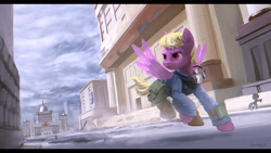 Size: 1600x900 | Tagged: safe, artist:cannibalus, imported from derpibooru, oc, oc only, pegasus, pony, fallout equestria, fallout equestria: the fossil, action pose, architecture, city, clothes, fanfic art, female, goggles, mare, pipbuck, purple coat, realistic, running, saddle bag, shadow, solo, tail, yellow mane, yellow tail