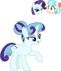 Size: 1034x1211 | Tagged: safe, artist:littlejurnalina, imported from derpibooru, coco pommel, rarity, oc, pony, unicorn, bracelet, female, jewelry, lesbian, magical lesbian spawn, mare, marshmallow coco, necklace, offspring, parent:coco pommel, parent:rarity, parents:marshmallow coco, pearl necklace, raised hoof, screencap reference, shipping