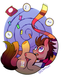 Size: 937x1170 | Tagged: safe, artist:1racat, imported from derpibooru, doctor whooves, time turner, earth pony, pony, clock, clothes, jelly babies, male, open mouth, scarf, solo, stallion