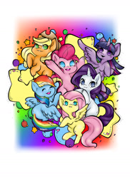 Size: 1024x1409 | Tagged: safe, artist:kittykatkay, imported from derpibooru, applejack, fluttershy, pinkie pie, rainbow dash, rarity, twilight sparkle, alicorn, earth pony, pegasus, pony, unicorn, balloon, blushing, chibi, cowboy hat, cute, dashabetes, diapinkes, eye clipping through hair, eyes closed, female, hat, heart, jackabetes, mane six, mare, no pupils, open mouth, raribetes, shyabetes, stars, twiabetes, twilight sparkle (alicorn)