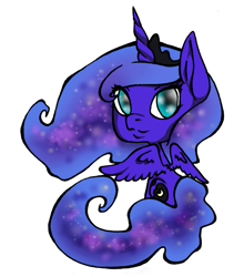 Size: 797x904 | Tagged: safe, artist:kittykatkay, imported from derpibooru, princess luna, alicorn, pony, chibi, crown, cute, ethereal mane, female, jewelry, looking back, lunabetes, mare, regalia, simple background, solo, starry mane, white background