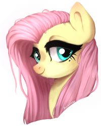 Size: 529x662 | Tagged: safe, artist:axolotlshy, deleted from derpibooru, imported from derpibooru, fluttershy, pony, bust, cute, eyelashes, female, lidded eyes, looking at you, mare, portrait, shyabetes, simple background, smiling, solo, three quarter view, transparent background