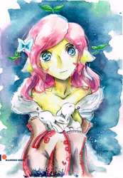 Size: 2285x3307 | Tagged: safe, artist:mashiromiku, imported from derpibooru, fluttershy, anthro, rabbit, patreon, patreon logo, traditional art, watercolor painting